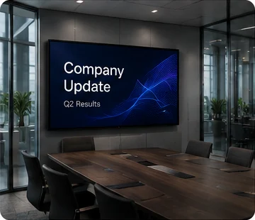 Corporate lobby screen showing company KPIs
